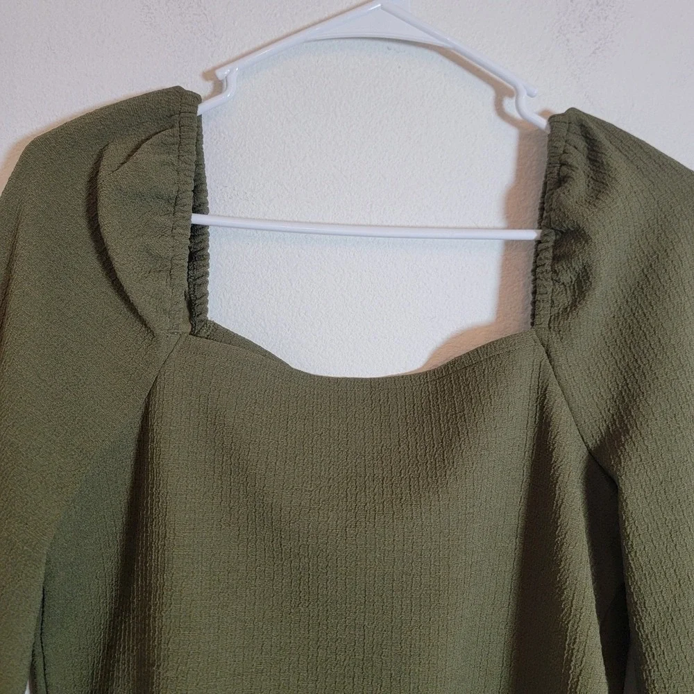 Madewell Crepe Square Neck Puff Balloon Sleeve Olive Green Top Small Romantic
